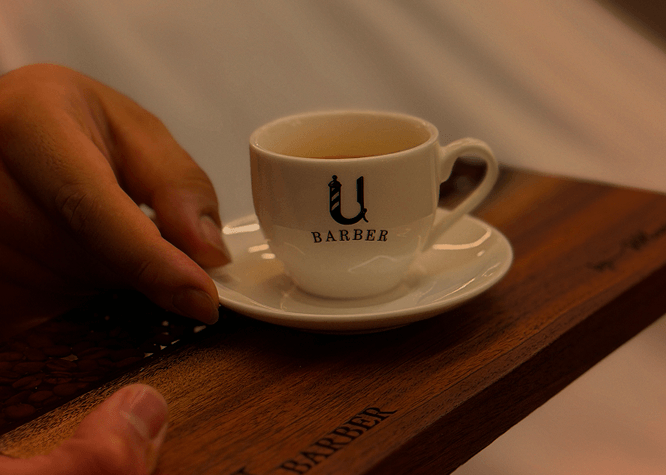 U BARBER espresso cup on the counter